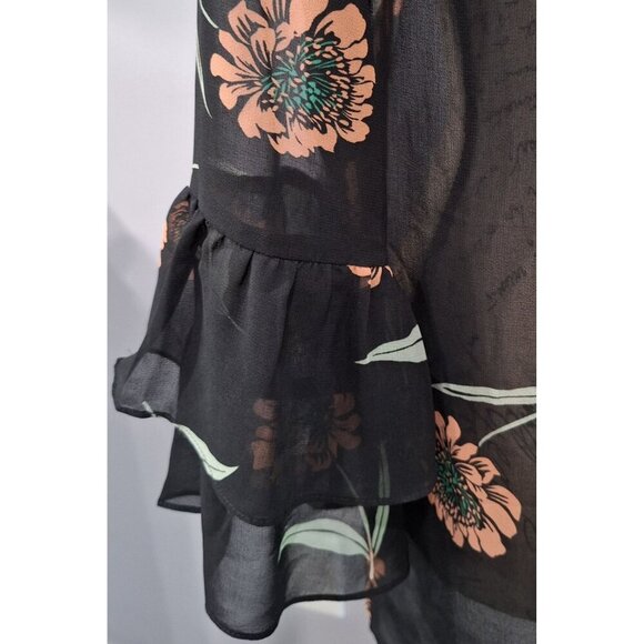 EUC Cabi La Di Da Black Sheer Floral Ruffle-Sleeve Button-Up Blouse/XS - Picture 5 of 7